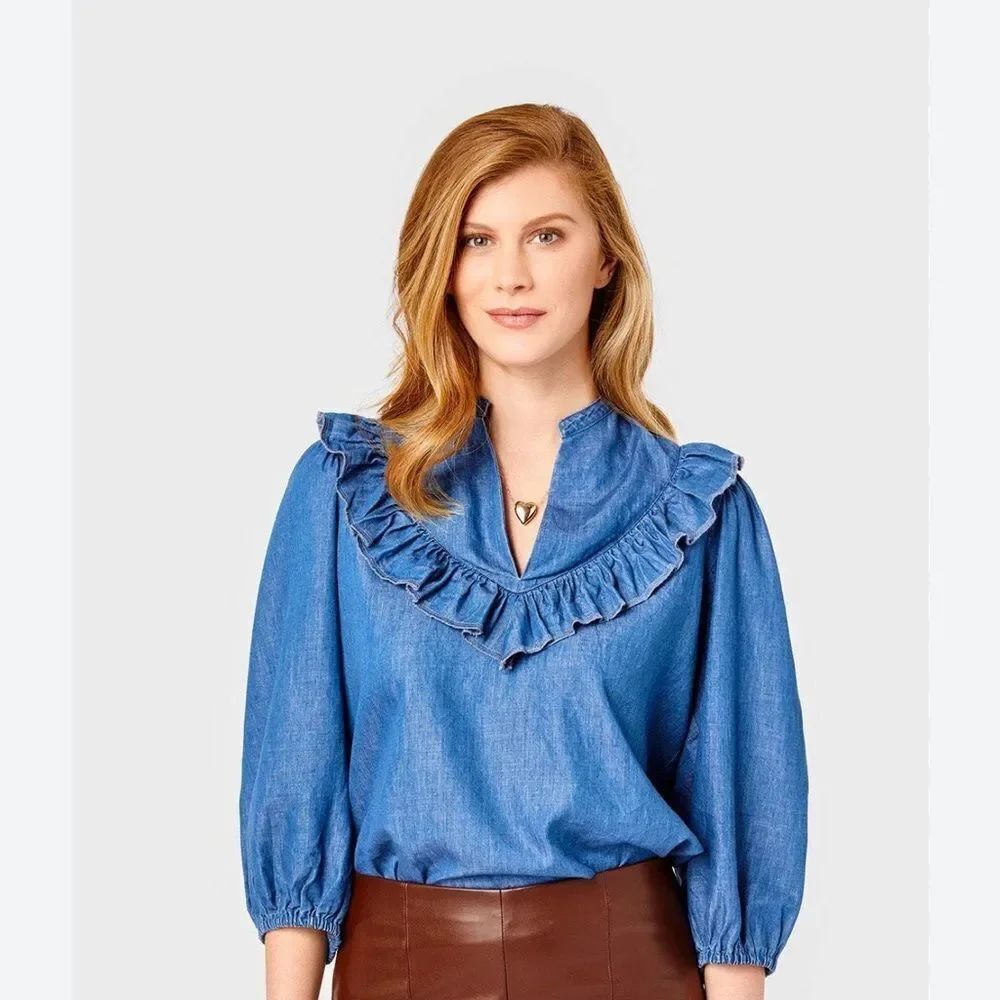 Cartolina Mabel Chambray ruffle Yoke Top NWOT